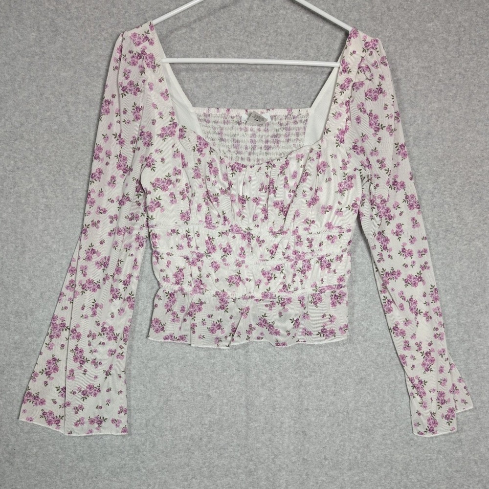 Kirious Los Angeles Crop‎ Top Womens Large Mesh Ditsy Floral Mesh Coquette White